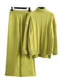 Momentlover Loose Long Sleeves Split-Side Solid High-Low Half Turtleneck Sweater Tops & Wide Leg Pants Two Pieces Set