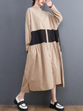 Momentlover Original Creation Long Sleeves Loose Buttoned Contrast Color Stand Collar Midi Dresses