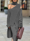 Momentlover Irregularity Solid Color Split-Front Cold Shoulder Sweater Tops& Skirts Two Pieces Set