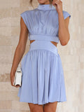 Momentlover Solid Color Pleated Belly-Hollow Skinny Stand Collar Mini Dresses