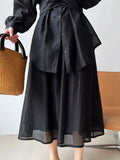 Momentlover Solid Color Long Sleeves Tied Waist Blouse + Loose Elasticity Waist Skirt Two Pieces Set