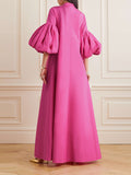 Momentlover Loose Flower Shape Solid Color Stand Collar Lantern Sleeves Maxi Dresses