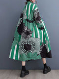 Momentlover Split-Joint Printed Buttoned Asymmetric Loose Long Sleeves Lapel Shirt Dress Midi Dresses