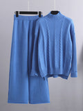 Momentlover Loose Long Sleeves Split-Side Solid High-Low Half Turtleneck Sweater Tops & Wide Leg Pants Two Pieces Set