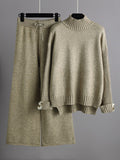 Momentlover Urban Long Sleeves Solid Color Half Turtleneck Sweater Tops & Wide Leg Pants Two Pieces Set