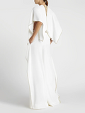 Momentlover Loose Half Sleeves Solid Color Deep V-Neck Jumpsuits