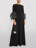 Momentlover Elegant Simple Black And White Feather Long Sleeve Party Dress