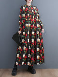 Momentlover Split-Joint Flower Print Buttoned Loose Long Sleeves Round-neck Midi Dresses