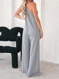 Momentlover Split-Joint Solid Color Pockets Wide Leg Sleeveless Round-Neck Jumpsuits