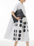 Momentlover Split-Joint Pleated Contrast Color Short Sleeves Loose Lapel Shirt Dress Midi Dresses