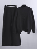 Momentlover Urban Loose Split-Side Half Turtleneck Sweater Tops& Wide Leg Pants Two Pieces Set