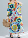 Momentlover Vintage Loose Tie-Dyed Batwing Sleeves V-Neck Maxi Dress