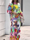 Momentlover Contrast Color Printed Buttoned Long Sleeves Lapel Blouses Top+ High Waisted Pants Bottom Two Pieces Set
