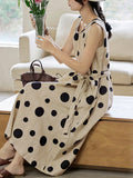 Momentlover Tied Waist Split-Joint Polka-Dot Pleated Contrast Color Sleeveless Loose Round-Neck Midi Dresses