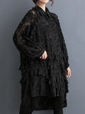 Momentlover Tasseled Split-side Split-Joint Solid Color Flower Print Buttoned Loose Long Sleeves Lapel Midi Dresses