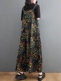 Momentlover Loose Artistic Retro Ramie Cotton Floral Printed V-Neck Overalls