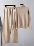 Momentlover Urban Long Sleeves Loose Solid Half Turtleneck Sweater Tops & Wide Leg Pants Two Pieces Set
