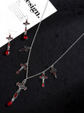 Momentlover Halloween Stylish Alloy Bat Cross Pearl Chain Necklace&Earrings