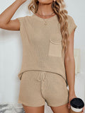 Momentlover Loose Solid Color Knitting Short Sleeves T-Shirt + Shorts Two Pieces Set