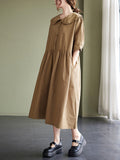 Momentlover Original Loose Solid Color Buttoned Pleated Midi Dress