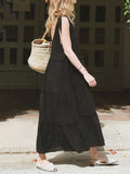 Momentlover Solid Color Sleeveless Loose V-Neck Midi Dresses