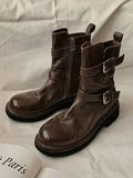 Momentlover Zipper Split-Joint Round-Toe Belt Buckle Boots