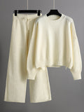 Momentlover Urban Loose Long Sleeves Solid Color Round-Neck High-Low Sweater Tops & Wide Leg Pants Suits
