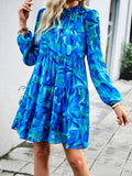 Momentlover Tied Split-Joint Printed Puff Sleeves Loose Mock Neck Mini Dresses