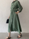 Momentlover Casual A-Line Long Sleeves Bandage Solid Color Lapel Collar Shirt Midi Dresses