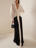 Momentlover Contrast Color Loose Long Sleeves V-neck Maxi Dresses Evening Dresses