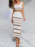 Momentlover Striped Skinny Hollow Sleeveless Round-Neck Vest Top + Split-Side Skirts Two Pieces Set