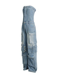 Momentlover Split-Joint Pockets Hollow Buttoned Wide Leg Sleeveless Tube Jumpsuits