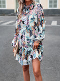 Momentlover Tied Split-Joint Printed Puff Sleeves Loose Mock Neck Mini Dresses