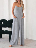 Momentlover Split-Joint Solid Color Pockets Wide Leg Sleeveless Round-Neck Jumpsuits
