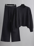 Momentlover Stylish Loose High-Low Long Sleeves Solid Color Round-Neck Sweater Tops& Wide Leg Pants Two Pieces Set