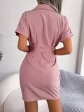 Momentlover Solid Color Pleated Bandage Short Sleeves Lapel Mini Dresses
