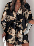 Momentlover Original Loose Leaf Printed Contrast Color Tied Buttoned Mini Shirt Dress
