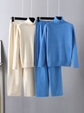Momentlover Urban Long Sleeves Loose Solid Half Turtleneck Sweater Tops & Wide Leg Pants Two Pieces Set