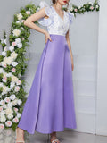Momentlover Split-Joint Printed Petal Sleeves High Waisted Deep V-Neck Maxi Dresses