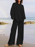 Momentlover Loose Solid Color Long Sleeves Round-neck Shirts Top + Drawstring Pants Bottom Two Pieces Set