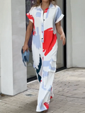 Momentlover Printed Wide Leg Loose Lapel Collar Jumpsuits