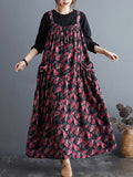 Momentlover Artistic Retro Ramie Cotton Loose 3 Colors Floral Printed Square-Neck Sleeveless Strap Dress