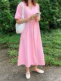 Momentlover Loose Solid Color V-Neck Pleated With Pockets Midi Dresses