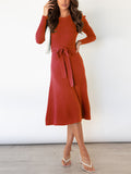 Momentlover Tied Waist Solid Color Long Sleeves High Waisted Round-Neck Sweater Dresses Midi Dresses