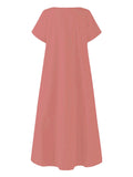 Momentlover Simple Solid Color U-Neck Pleated Short Sleeves Maxi Dress