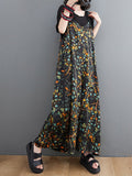 Momentlover Loose Artistic Retro Ramie Cotton Floral Printed V-Neck Overalls
