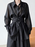 Momentlover Solid Color Long Sleeves Tied Waist Blouse + Loose Elasticity Waist Skirt Two Pieces Set