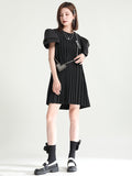 Momentlover Urban Puff Sleeves Split-Joint Black Pleated Mini Dress