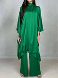 Momentlover Batwing Sleeves Loose Solid Color Stand Collar T-Shirt Tops&Pants Two Pieces Set