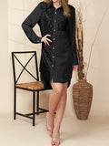Momentlover Sequined Pockets Buttoned Asymmetric Loose Long Sleeves Lapel Shirt Dress Mini Dresses